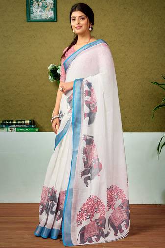 Multicolor and off-white linen zari screen printed zari work ceremony and festival ready to wear saree with blouse