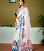 ready to wear multicolor and off-white linen zari screen printed zari saree with blouse