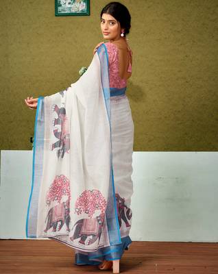pre draped multicolor and off-white linen zari screen printed zari saree 2