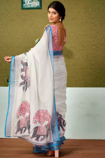 pre draped multicolor and off-white linen zari screen printed zari saree
