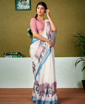 pre draped multicolor and off-white linen zari screen printed zari saree 3