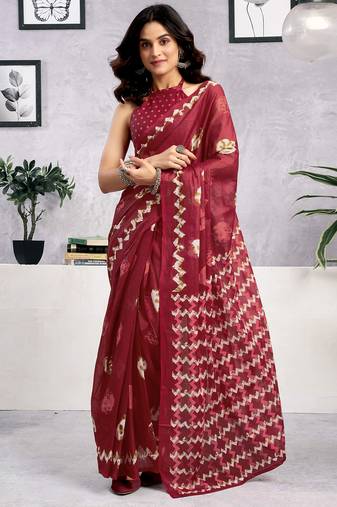 Red pure cotton batik screen printed batik print casual, work and festival ready to wear saree with blouse