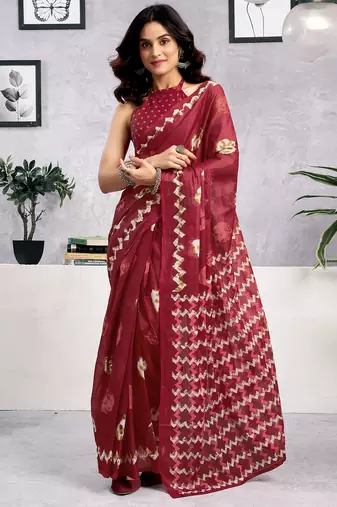 Red pure cotton batik screen printed batik print casual, work and festival ready to wear saree with blouse