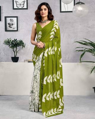pre-stitched green pure cotton screen printed casual, work and festival saree 1