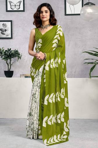 Green pure cotton screen printed casual, work and festival ready to wear saree with blouse