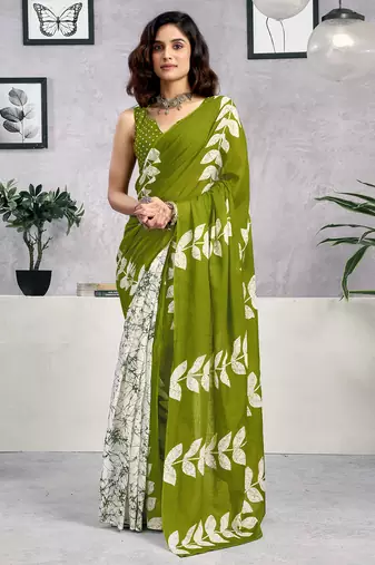 Green pure cotton screen printed casual, work and festival ready to wear saree with blouse