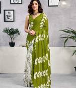 ready to wear green pure cotton screen printed casual, work and festival saree with blouse