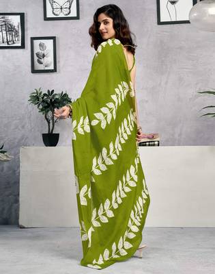 pre-stitched green pure cotton screen printed casual, work and festival saree 2