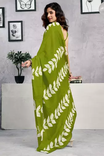 pre-stitched green pure cotton screen printed casual, work and festival saree