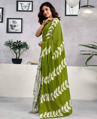 pre-stitched green pure cotton screen printed casual, work and festival saree 3