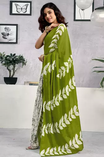 pre-stitched green pure cotton screen printed casual, work and festival saree