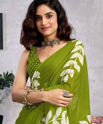 pre-stitched green pure cotton screen printed casual, work and festival saree 4