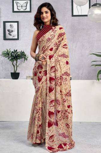 Beige pure cotton screen printed casual, work and festival ready to wear saree with blouse