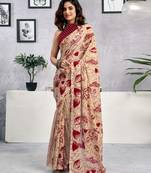 ready to wear beige pure cotton screen printed casual, work and festival saree with blouse
