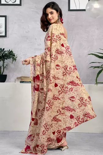 ready to wear beige pure cotton screen printed casual, work and festival saree