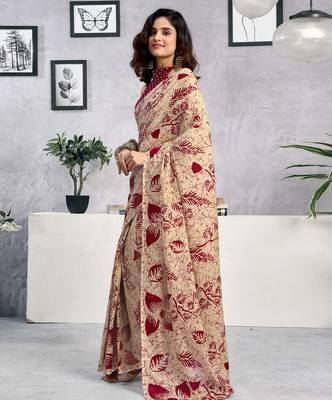 ready to wear beige pure cotton screen printed casual, work and festival saree 3