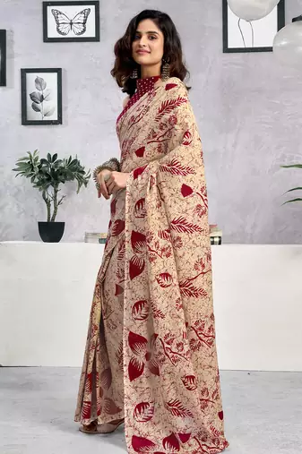ready to wear beige pure cotton screen printed casual, work and festival saree