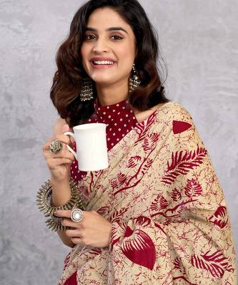 ready to wear beige pure cotton screen printed casual, work and festival saree 4