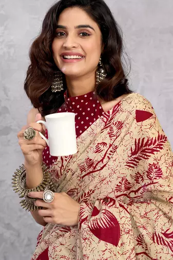 ready to wear beige pure cotton screen printed casual, work and festival saree