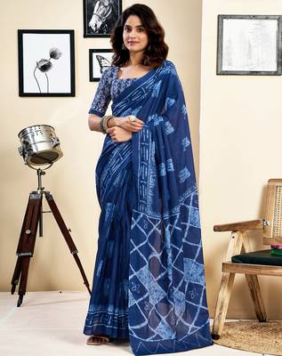pre draped blue pure cotton screen printed saree 1