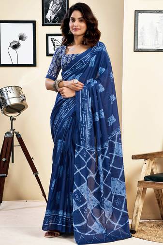 Blue pure cotton screen printed pocket casual, work and festival ready to wear saree with blouse