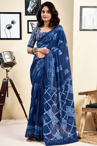 Blue pure cotton screen printed pocket casual, work and festival ready to wear saree with blouse