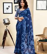 ready to wear blue pure cotton screen printed saree with blouse