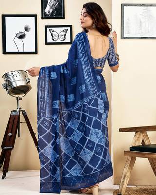 pre draped blue pure cotton screen printed saree 2