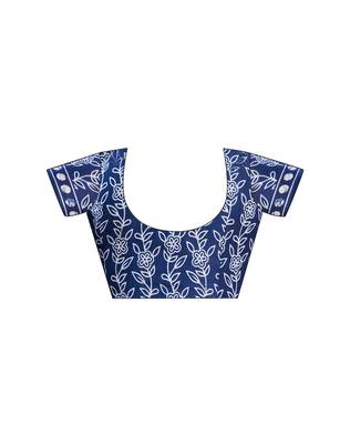 pre draped blue pure cotton screen printed saree 5