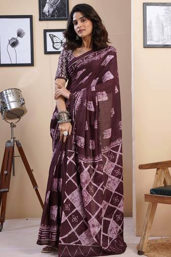 Purple pure cotton screen printed pocket casual, work and festival ready to wear saree with blouse