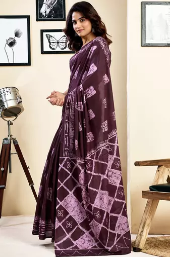 ready made purple pure cotton screen printed saree