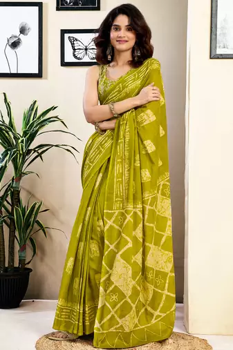Green and off-white pure cotton screen printed pocket casual, work and festival ready to wear saree with blouse