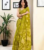 ready to wear green and off-white pure cotton screen printed saree with blouse