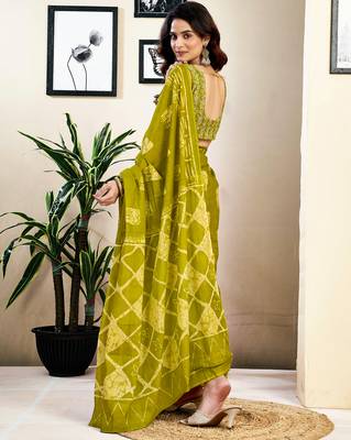 pre-stitched green and off-white pure cotton screen printed saree 2