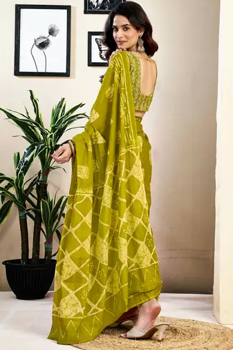 pre-stitched green and off-white pure cotton screen printed saree