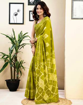 pre-stitched green and off-white pure cotton screen printed saree 3