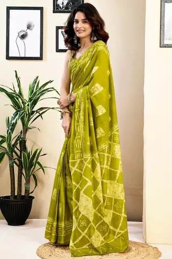 pre-stitched green and off-white pure cotton screen printed saree