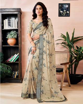 ready to wear beige linen zari screen printed zari work work, ceremony, party and festive saree 1