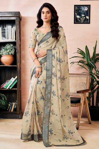 Beige linen zari screen printed zari work work, ceremony, party and festive ready to wear saree with blouse
