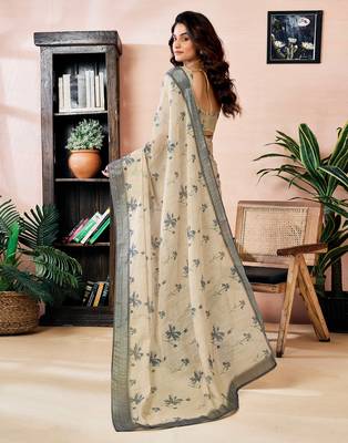 ready to wear beige linen zari screen printed zari work work, ceremony, party and festive saree 2