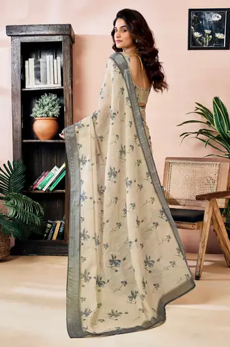 ready to wear beige linen zari screen printed zari work work, ceremony, party and festive saree