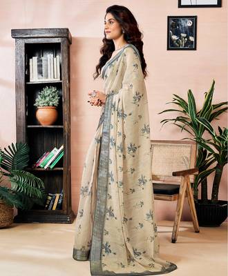ready to wear beige linen zari screen printed zari work work, ceremony, party and festive saree 3