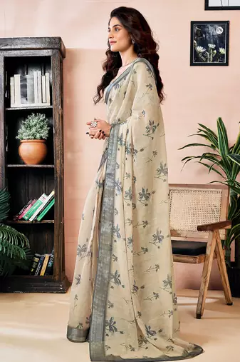ready to wear beige linen zari screen printed zari work work, ceremony, party and festive saree