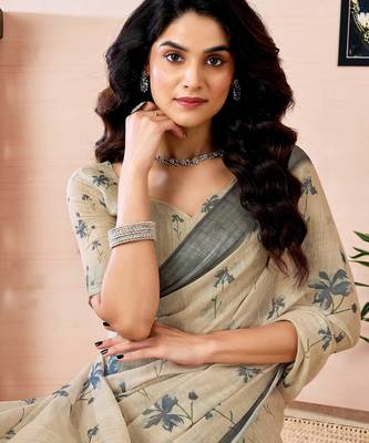 ready to wear beige linen zari screen printed zari work work, ceremony, party and festive saree 4