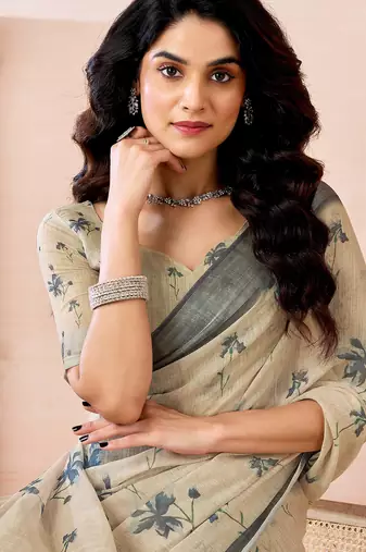 ready to wear beige linen zari screen printed zari work work, ceremony, party and festive saree