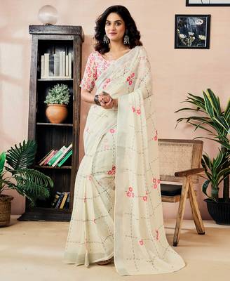 pre draped off-white linen zari screen printed zari work work, ceremony, party and festive saree 1