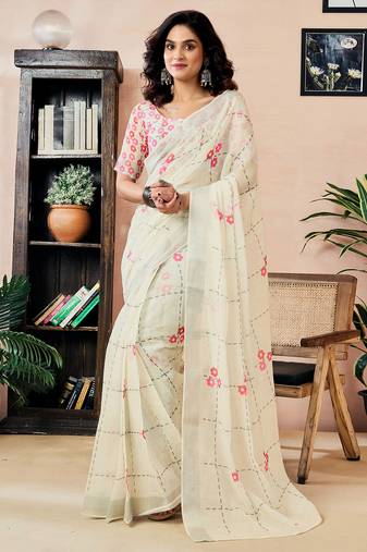 Off-white linen zari screen printed zari work work, ceremony, party and festive ready to wear saree with blouse