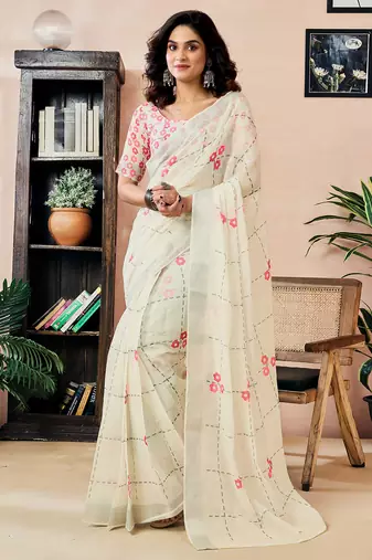 Off-white linen zari screen printed zari work work, ceremony, party and festive ready to wear saree with blouse