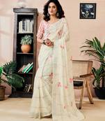 ready to wear off-white linen zari screen printed zari work work, ceremony, party and festive saree with blouse