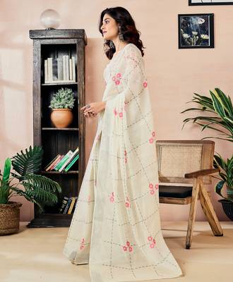 pre draped off-white linen zari screen printed zari work work, ceremony, party and festive saree 3